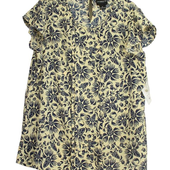 Liz Clairbourne Career Yellow Blouse with Blue Flowers - Picture 2 of 3